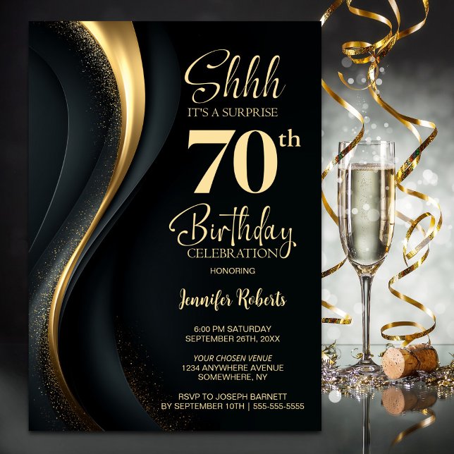 Black and Gold Surprise 70th Birthday Party Invitation (Creator Uploaded)