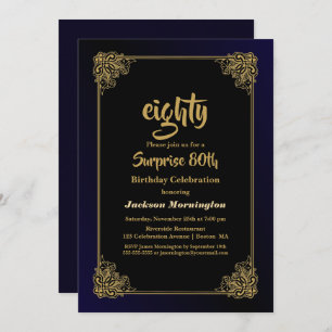 Black and Gold Surprise 80th Birthday Party Invitation