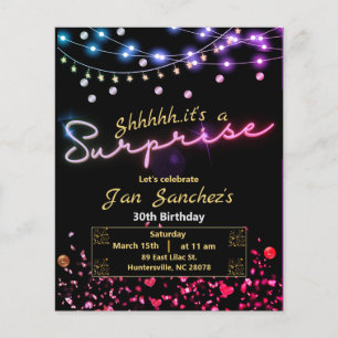 Black and gold surprise birthday invitation flyer