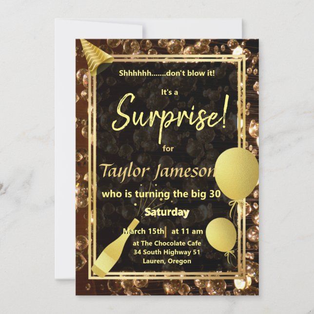 Black and gold surprise with balloons QR rsvp Invitation (Front)
