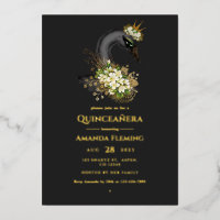 Black and Gold Swan Quinceañera Foil Invitation