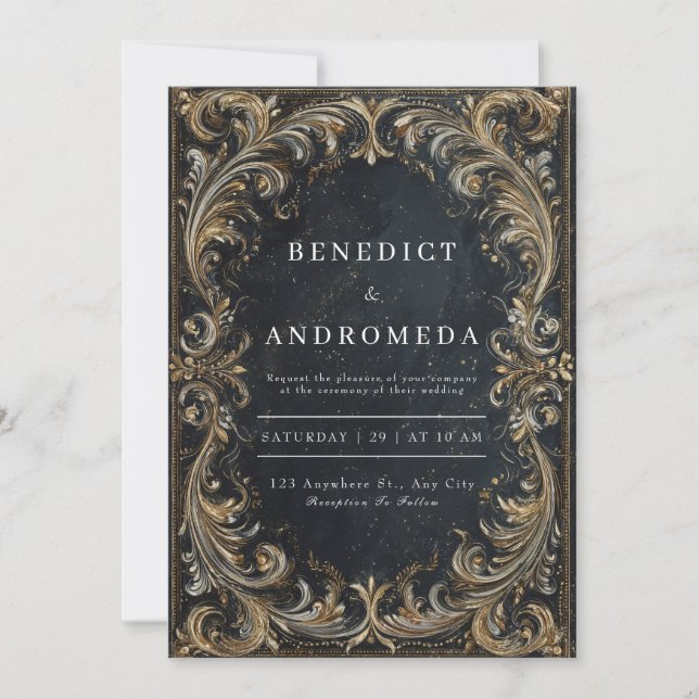 Black and Gold Swirl Baroque Wedding  Invitation (Front)