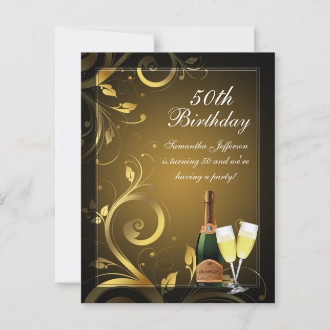 Black and Gold Swirl, Custom 50th Birthday Party Invitation (Front)