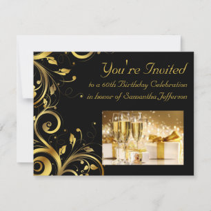 Black and Gold Swirl, Custom 60th Birthday Party Invitation