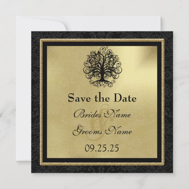 Black and Gold Swirl Love Tree Wedding Save The Date (Front)