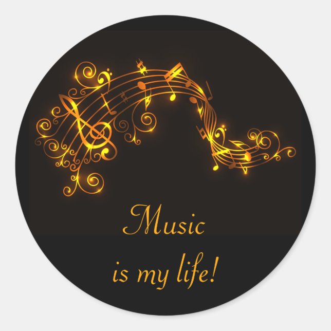 Black and Gold Swirling Musical Notes Classic Round Sticker (Front)