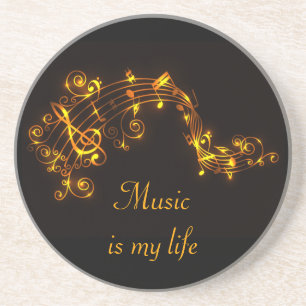 Black and Gold Swirling Musical Notes Coaster