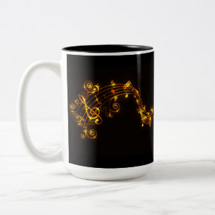 Black and Gold Swirling Musical Notes Two-Tone Coffee Mug