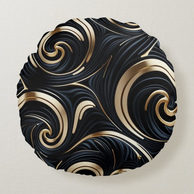 black and gold swirls round pillow (Front)