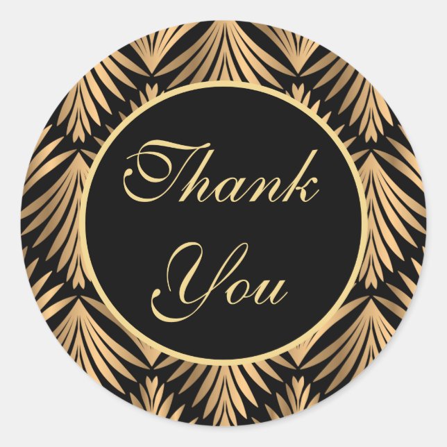 Black and Gold Thank You Gatsby Art Deco Wedding Classic Round Sticker (Front)