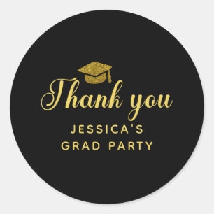Black and gold Thank you graduation party Classic Round Sticker