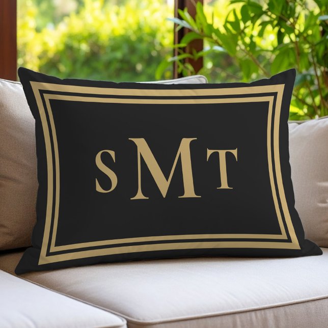 Black and Gold Three Letter Monogram Lumbar Pillow (Creator Uploaded)