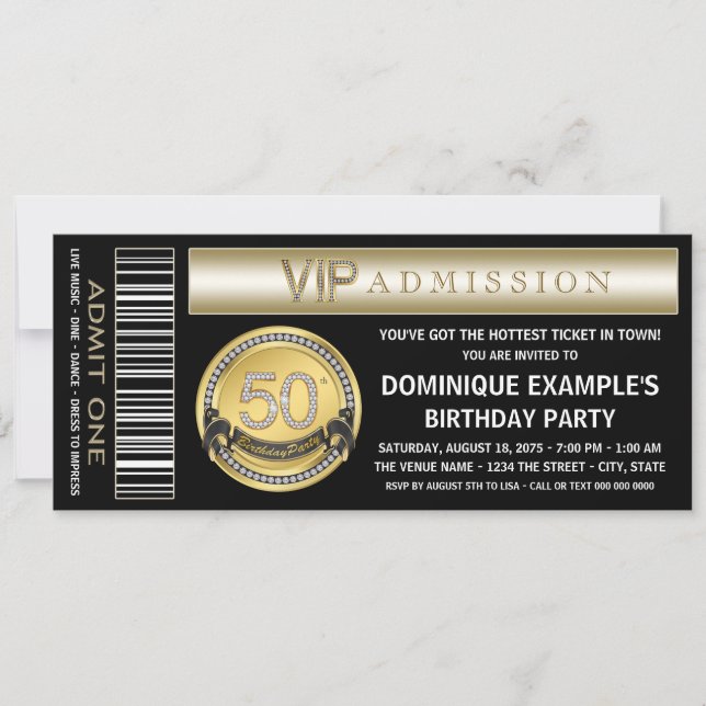 Black and Gold Ticket 50th Birthday Party Invitation (Front)