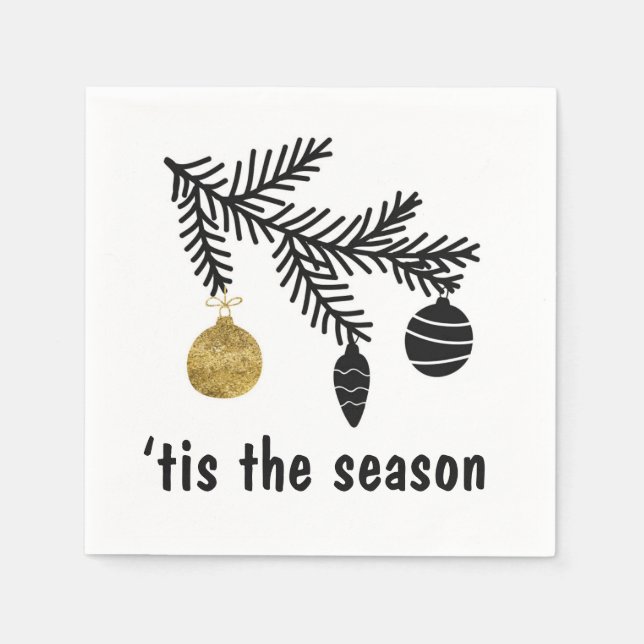 Black and gold tis the season pine bow ornaments  napkin (Front)