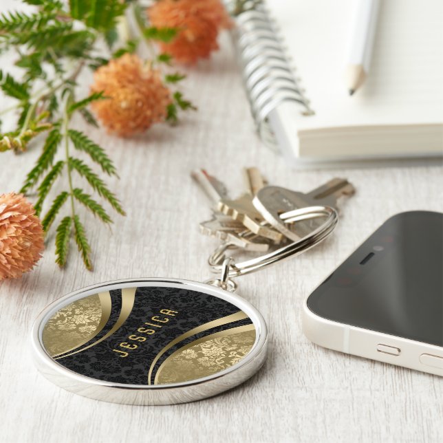 Black And Gold Tones Floral Damasks Keychain (Side)
