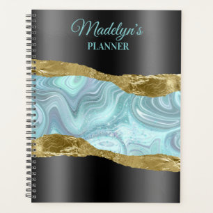 Black and Gold Torn Paper & Watercolor Blue Swirls Planner