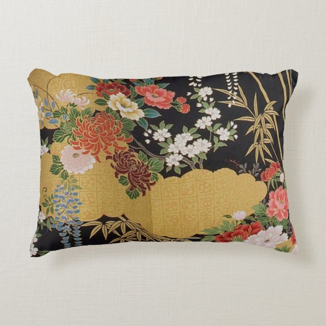 Black and Gold Traditional Japanese Kimono Floral  Accent Pillow (Front)