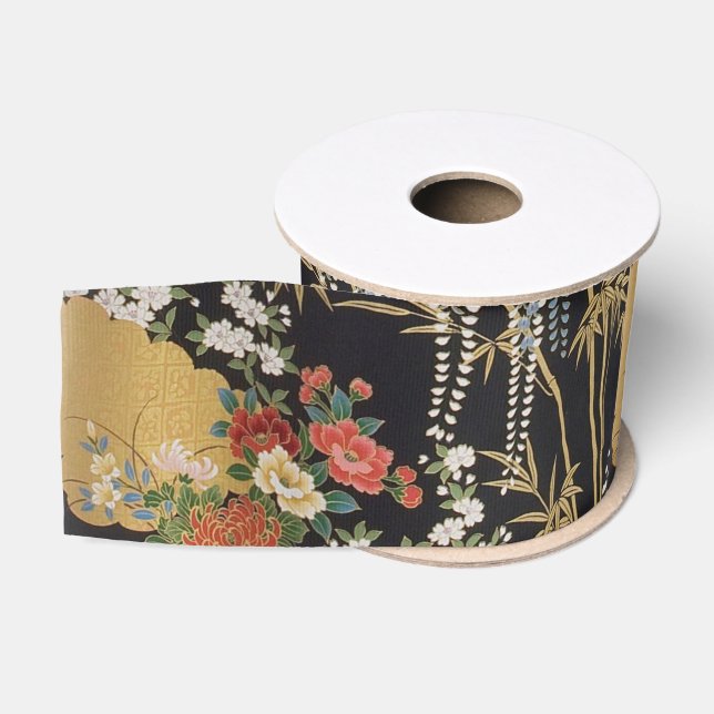 Black and Gold Traditional Japanese Kimono Floral  Grosgrain Ribbon (Spool)