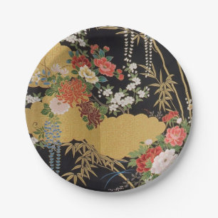 Black and Gold Traditional Japanese Kimono Floral  Paper Plate