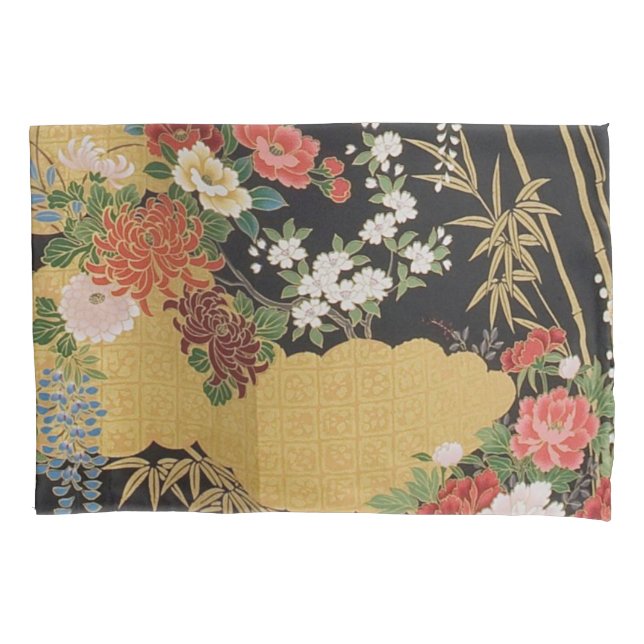 Black and Gold Traditional Japanese Kimono Floral  Pillowcase (Front)