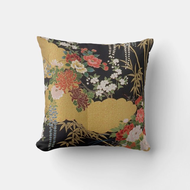 Black and Gold Traditional Japanese Kimono Floral  Throw Pillow (Front)