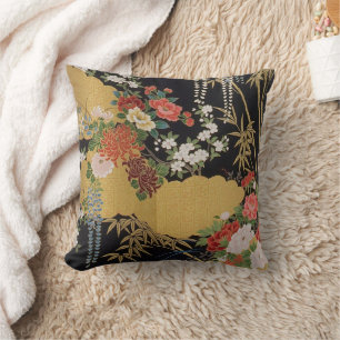 Black and Gold Traditional Japanese Kimono Floral Throw Pillow