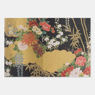 Black and Gold Traditional Japanese Kimono Floral  Wrapping Paper Sheet