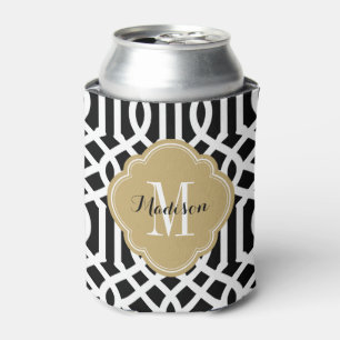 Black and Gold Trellis Monogram Can Cooler