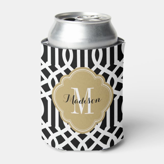 Black and Gold Trellis Monogram Can Cooler (Can Front)