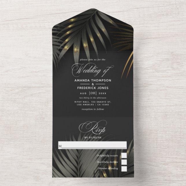 Black and Gold Tropical Beach Wedding All In One I All In One Invitation (Inside)