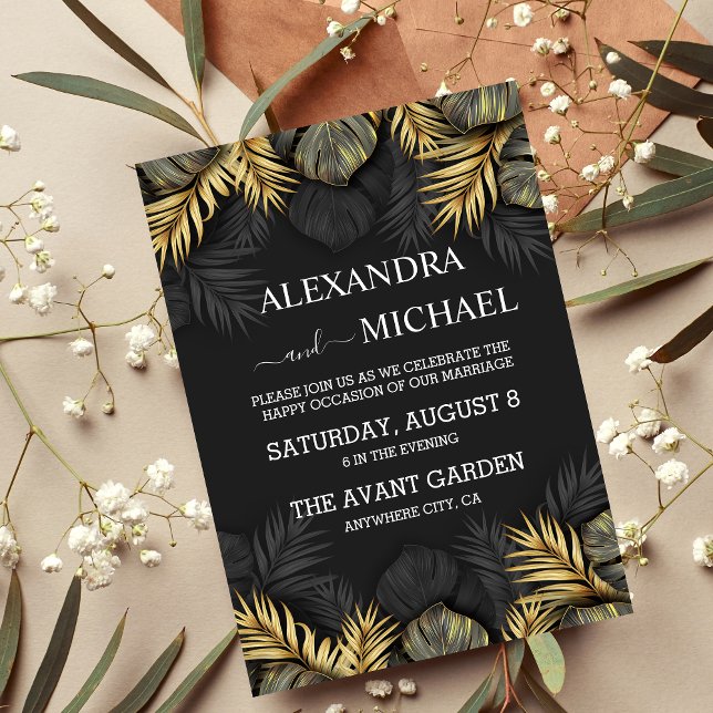 Black and Gold Tropical Destination Wedding  Invitation (Creator Uploaded)