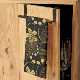 Black and gold tropical leaves and flowers pattern kitchen towel