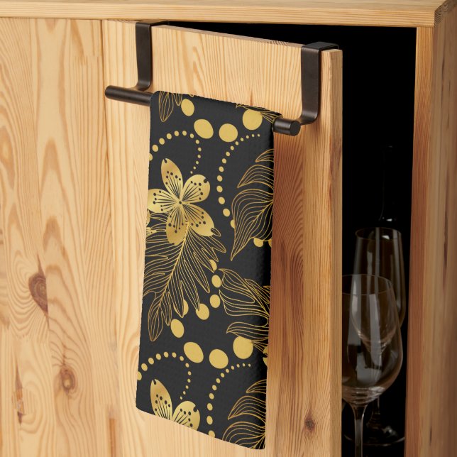 Black and gold tropical leaves and flowers pattern kitchen towel (Thirds Fold)