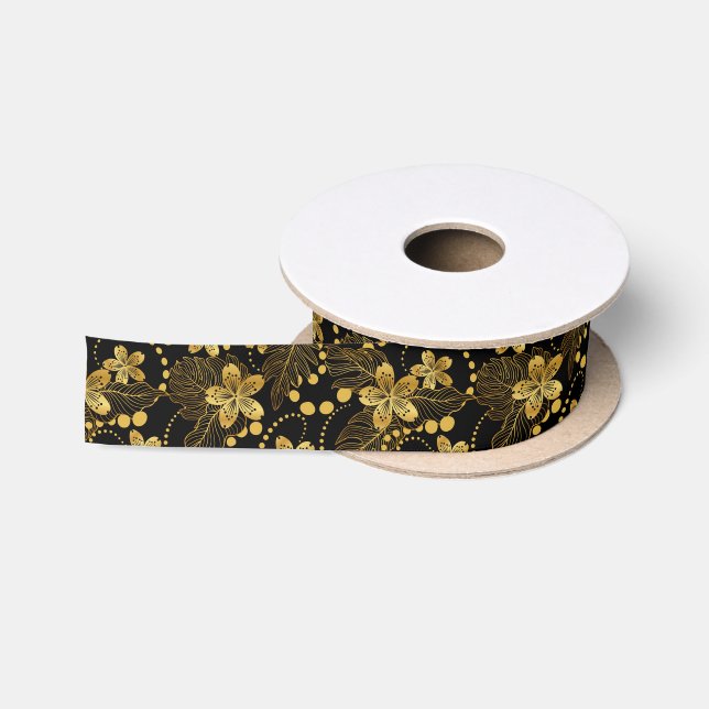 Black and gold Tropical leaves and flowers pattern Satin Ribbon (Spool)