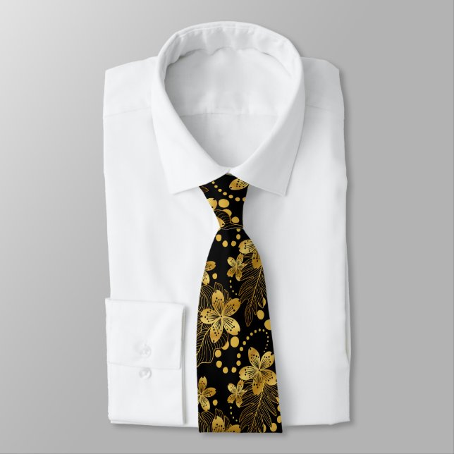 Black and gold Tropical leaves and flowers pattern Tie (Tied)