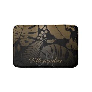 Black and Gold Tropical Leaves Bath Mat