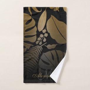 Black and Gold Tropical Leaves Bath Towel Set