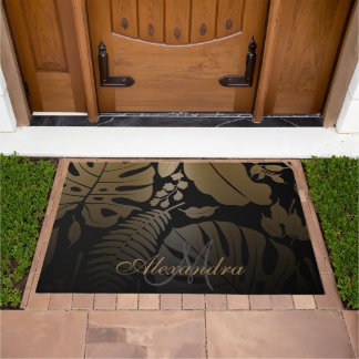 Black and Gold Tropical Leaves Doormat