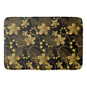 Black and gold Tropical leaves & flowers pattern Bath Mat