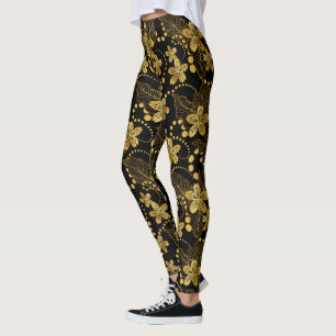 Black and gold Tropical leaves & flowers pattern Leggings