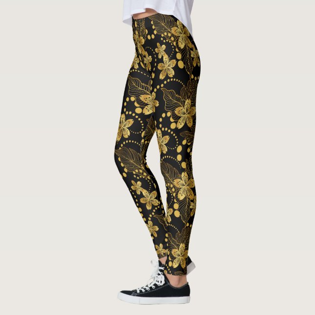 Black and gold Tropical leaves & flowers pattern Leggings (Left)