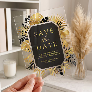 Black and Gold Tropical Palm Wedding Save the Date Acrylic Invitations