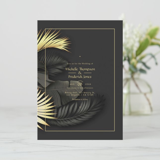 Black and Gold Tropical Wedding Invitation (Standing Front)