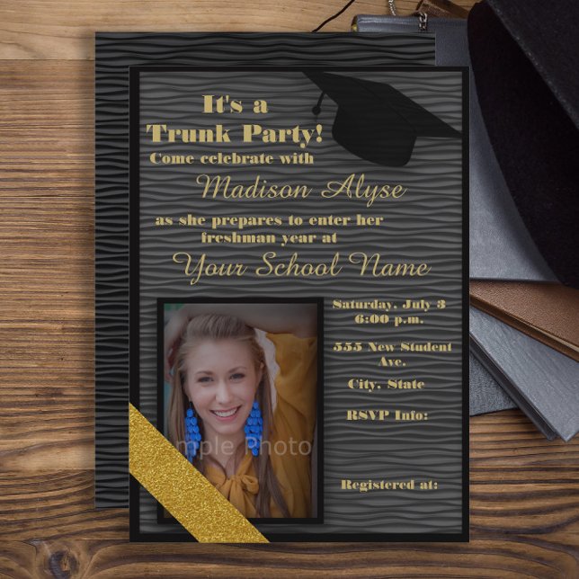 Black and Gold Trunk College Party Photo Invitation (Black and gold Trunk/Dorm Party photo invitation)