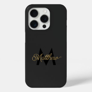 Black and Gold Typography Add Name & Monogram Mens iPhone 15 Pro Case