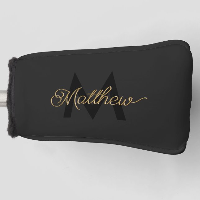 Black and Gold Typography Add Name & Monogram Mens Golf Head Cover (Front)