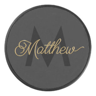 Black and Gold Typography Add Name & Monogram Mens Hockey Puck