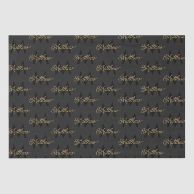 Black and Gold Typography Add Name & Monogram Mens Tissue Paper (Front)