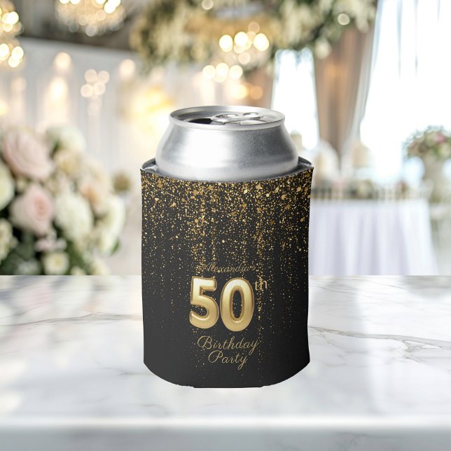 Black And Gold Typography Fifty 50th Birthday Can Cooler (Creator Uploaded)