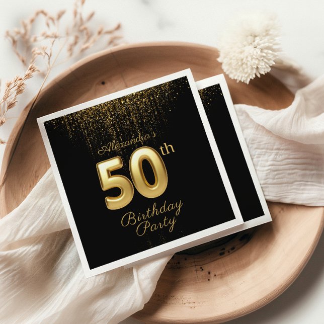 Black And Gold Typography Fifty 50th Birthday Napkin (Creator Uploaded)